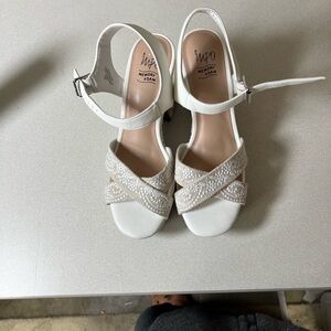 Impo White Beaded Crisscross Memory Foam Heel Sandals
